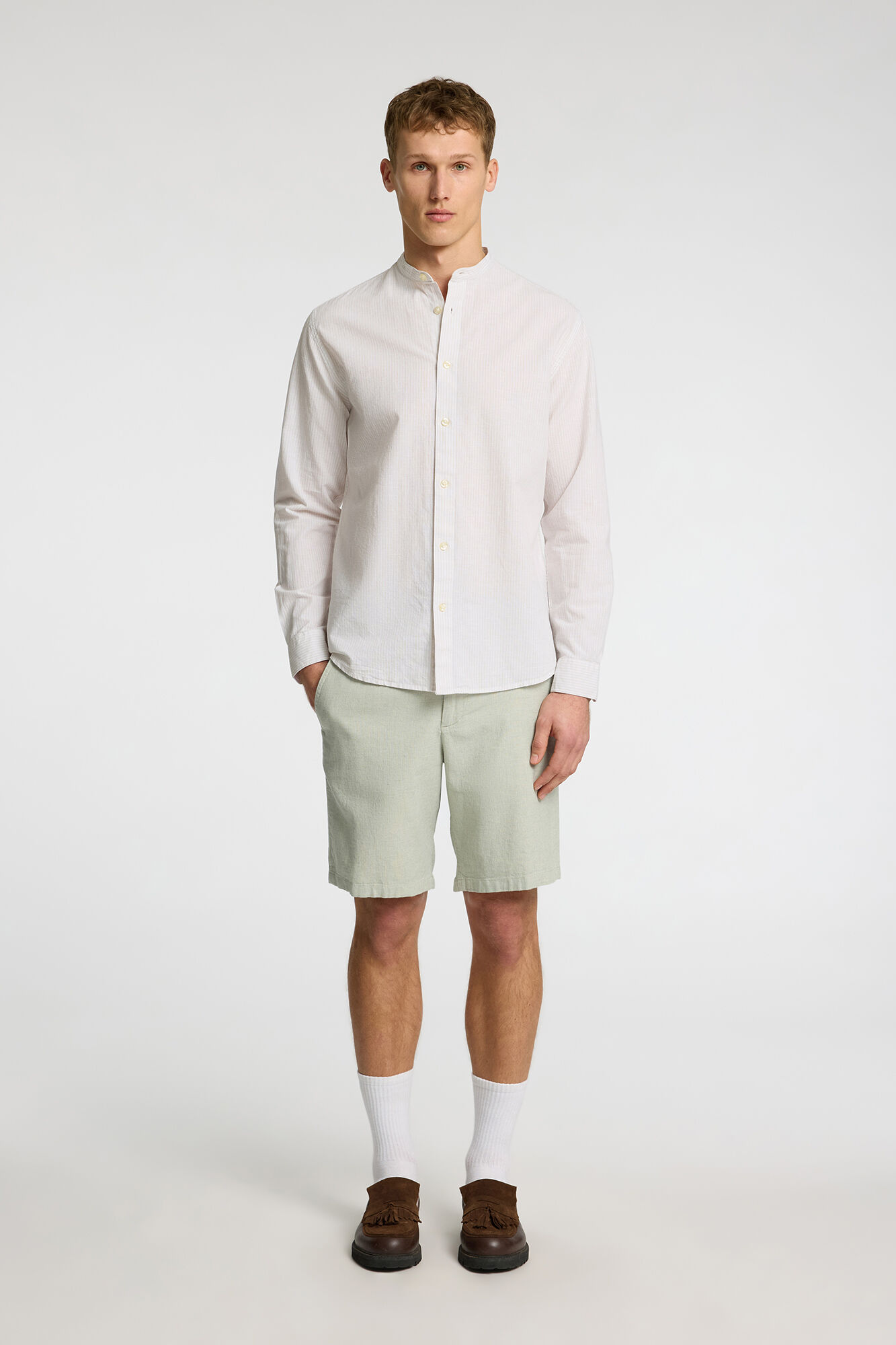 Selected linen shirt with mandarin collar