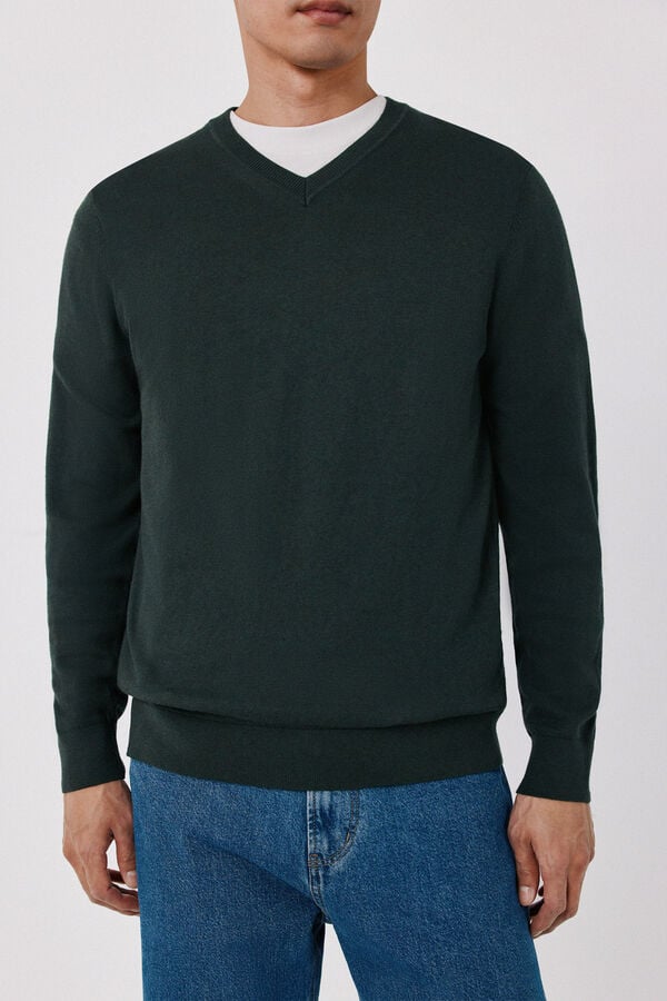 Cortefiel Cotton cashmere knit V-neck jumper Kaki