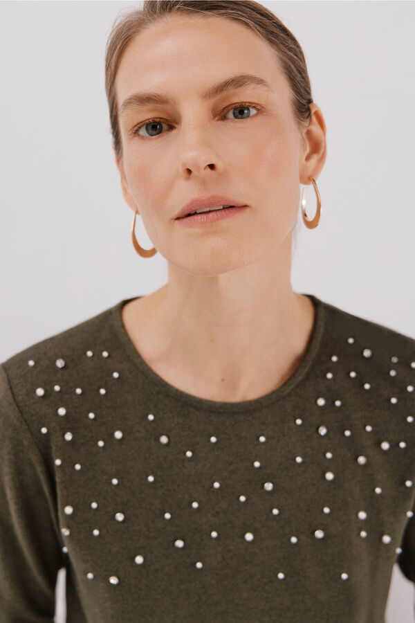 Cortefiel T-shirt with pearl and rhinestone details Kaki