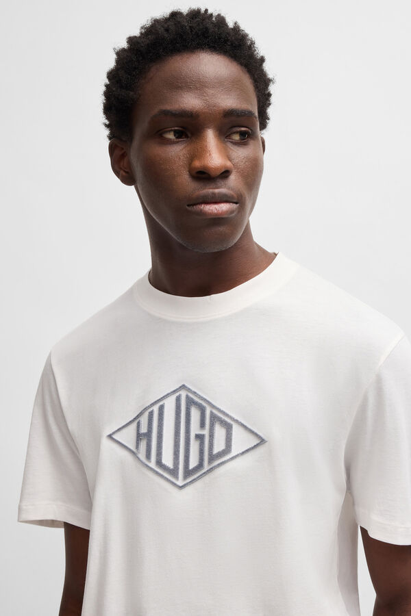 HUGO Camiseta de malha de algodão com bordado de logo geométrico Ecru