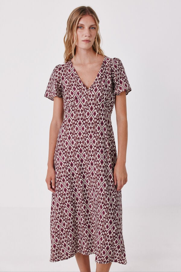Cortefiel V-neck flutter sleeve dress Printed red