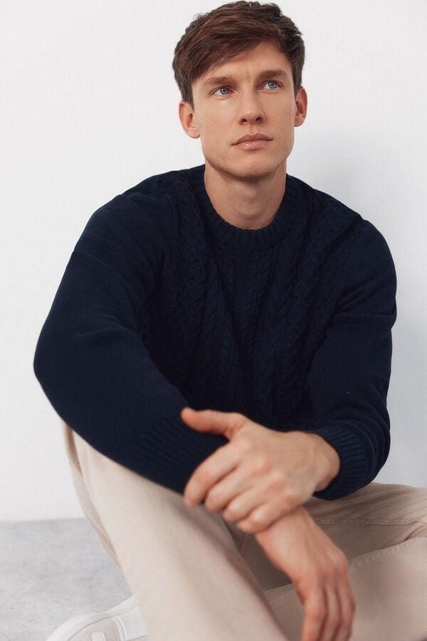 Cortefiel Cable knit round neck jersey-knit  Navy