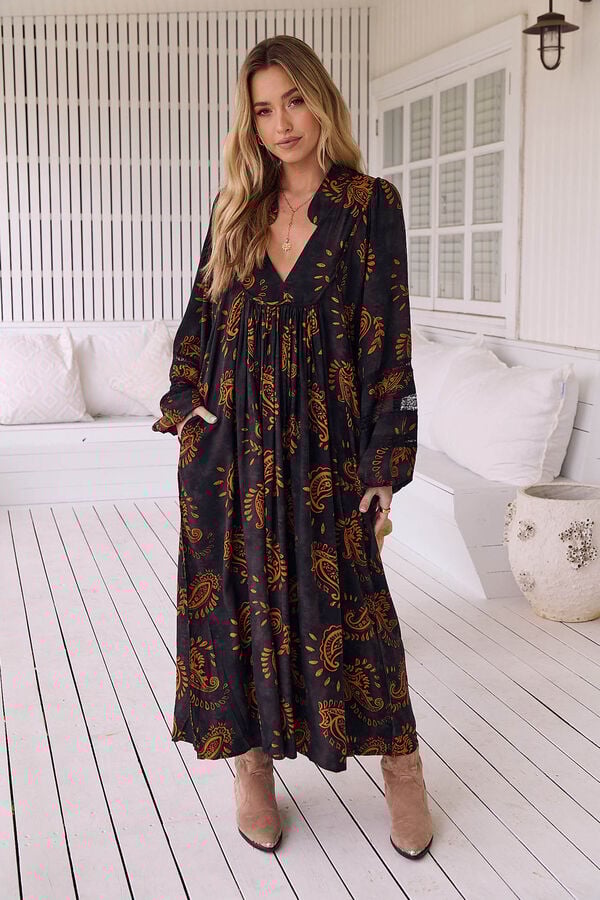 Jaase Vestido midi boêmio com estampado Milan Castanho