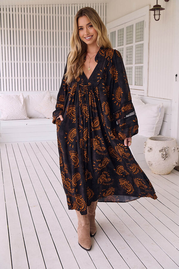 Jaase Vestido midi boêmio com estampado Milan Castanho