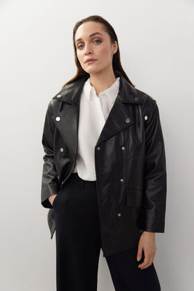 Cortefiel Detachable sleeves leather jacket Black