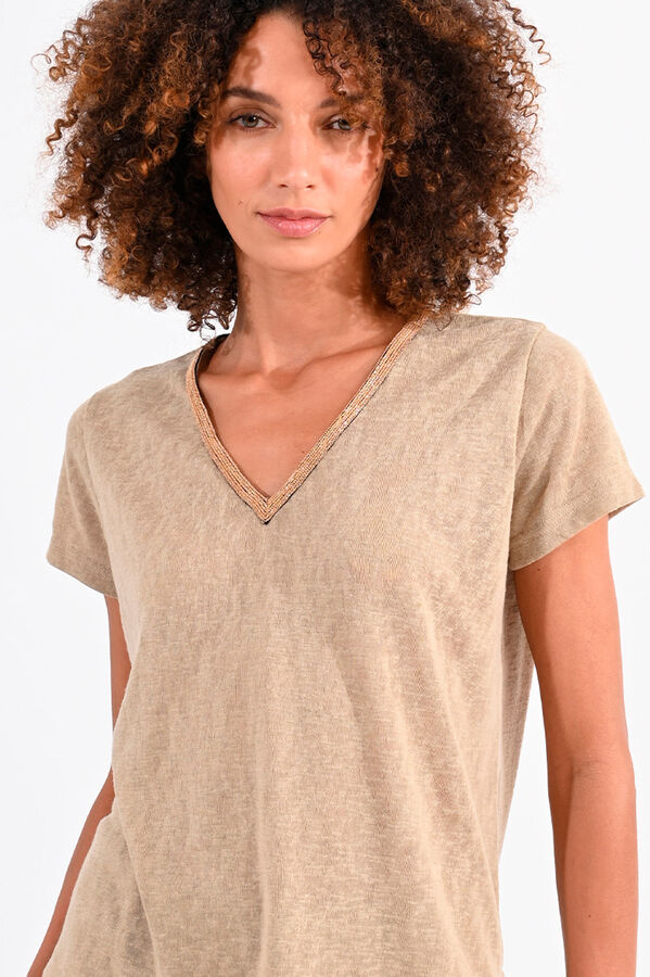 Cortefiel Camiseta de mujer de manga corta con detalle en el escote Beige