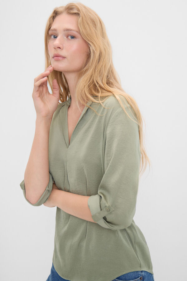 Cortefiel Blusa acetinada pescoço lapela Verde