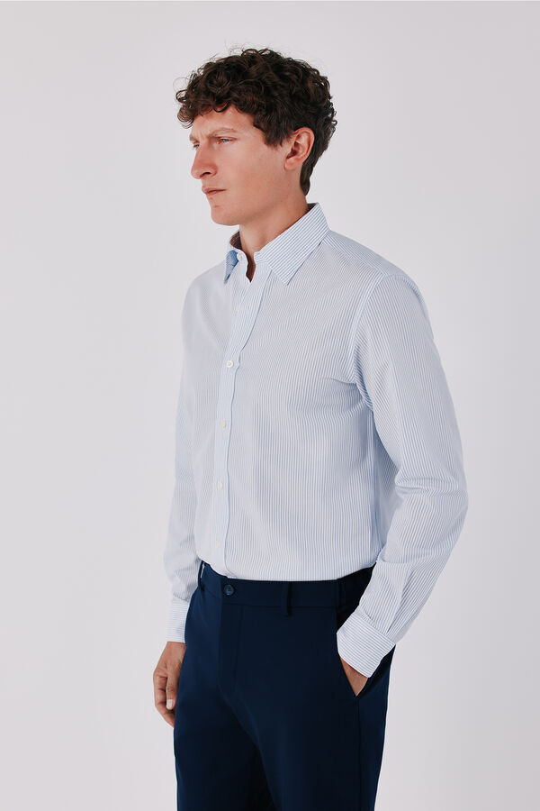 Cortefiel Striped cotton tencel shirt Blue