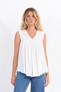 Cortefiel Women's sleeveless top with embroidered flowers Ivory