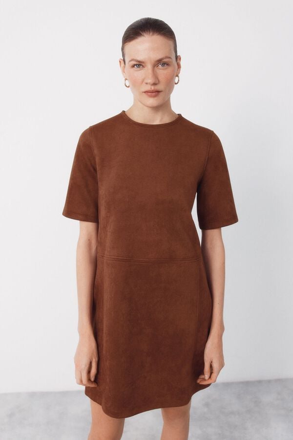 Cortefiel Short suede dress Beige