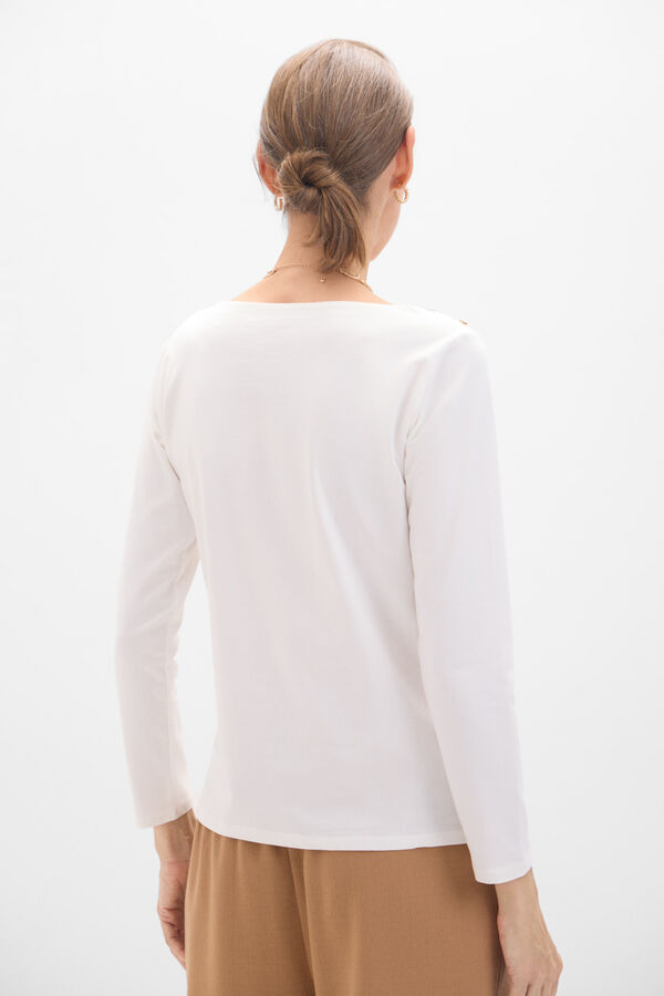 Cortefiel Essential boat neck T-shirt with gold buttons White