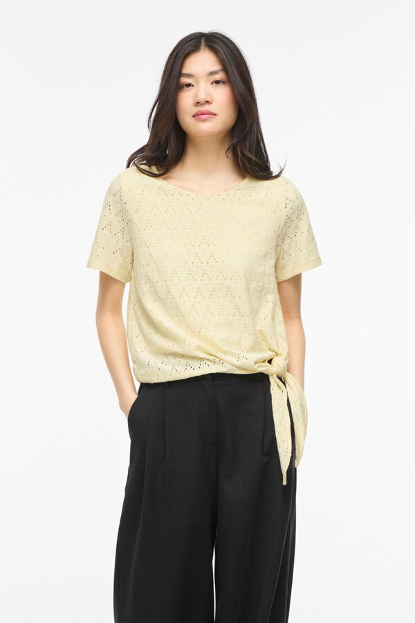 Vila Cotton openwork short sleeve top Yellow