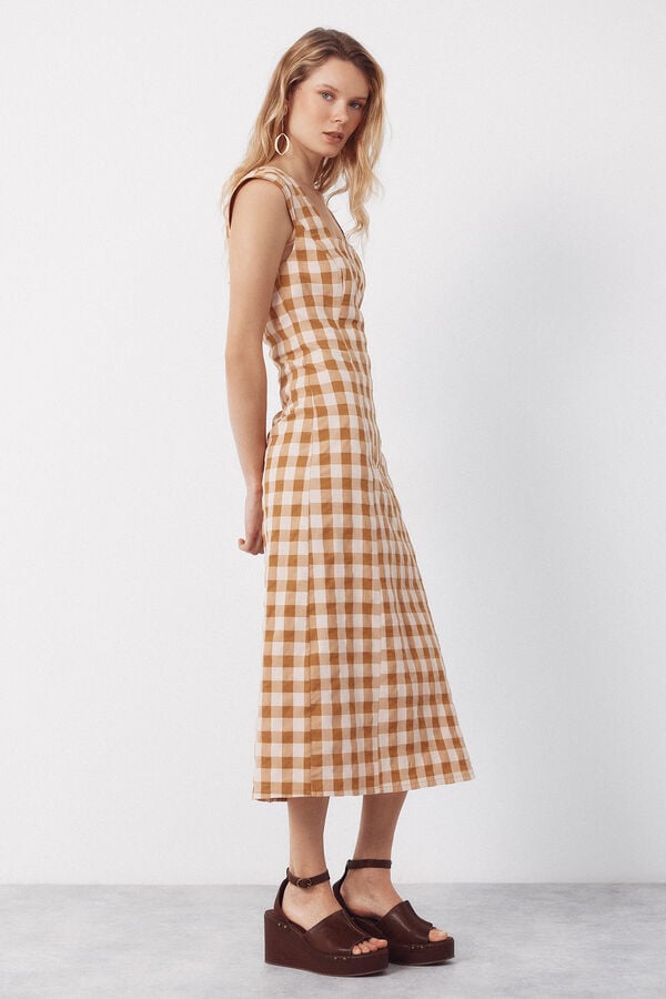 Cortefiel Fitted gingham print dress Printed yellow
