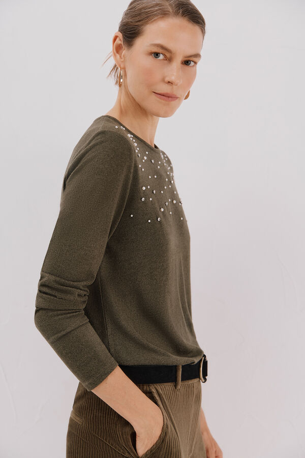 Cortefiel T-shirt with pearl and rhinestone details Kaki