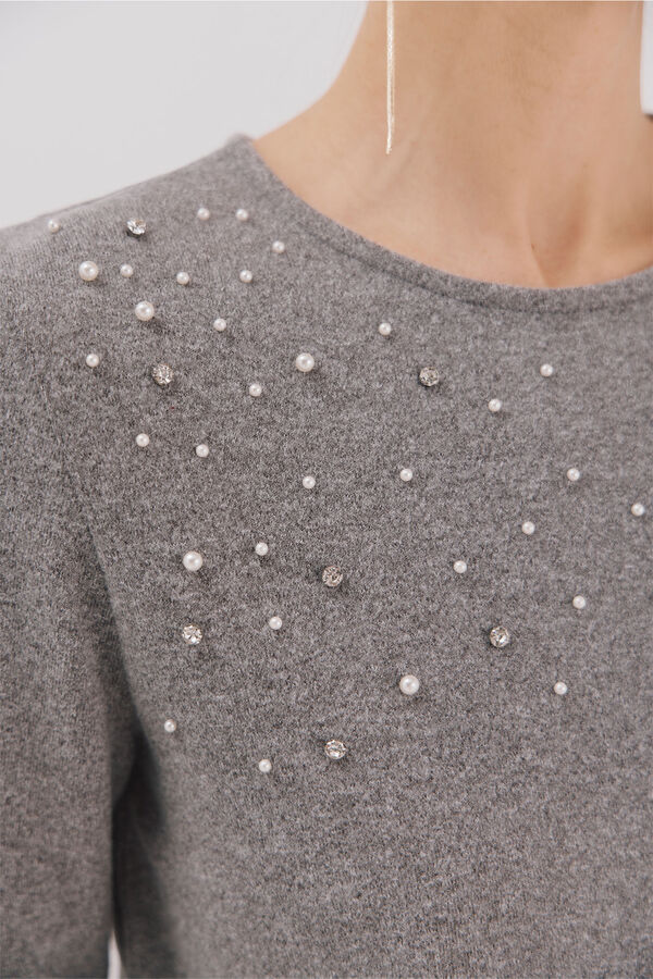 Cortefiel T-shirt with pearl and rhinestone details Grey