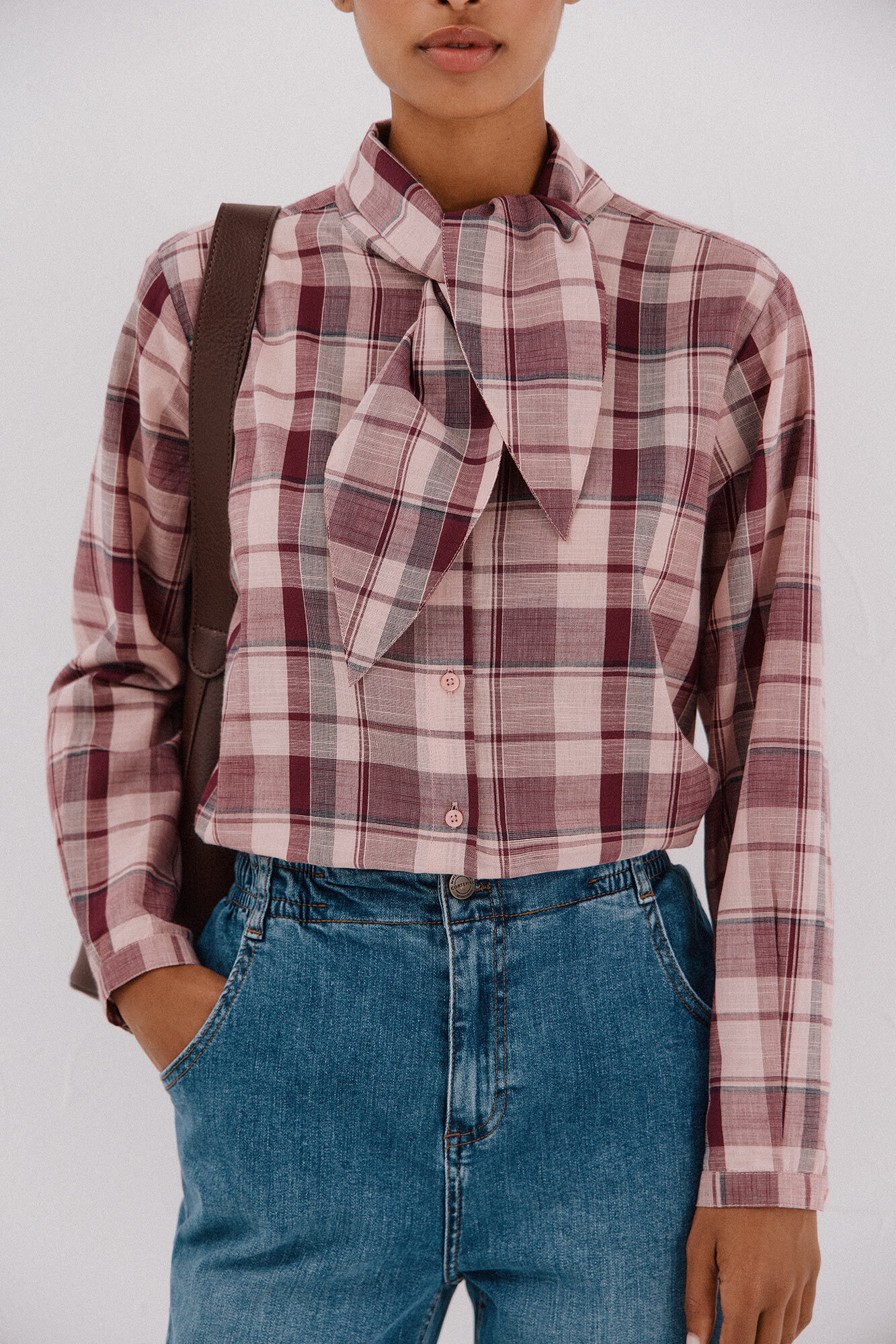 Cortefiel Plaid blouse with bow