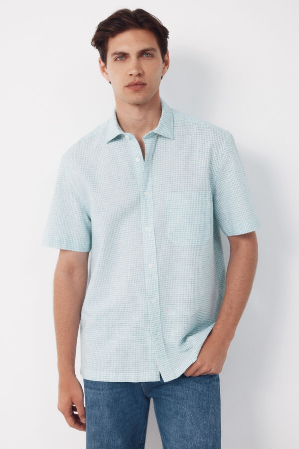 Cortefiel Checked cotton linen short sleeve shirt Green