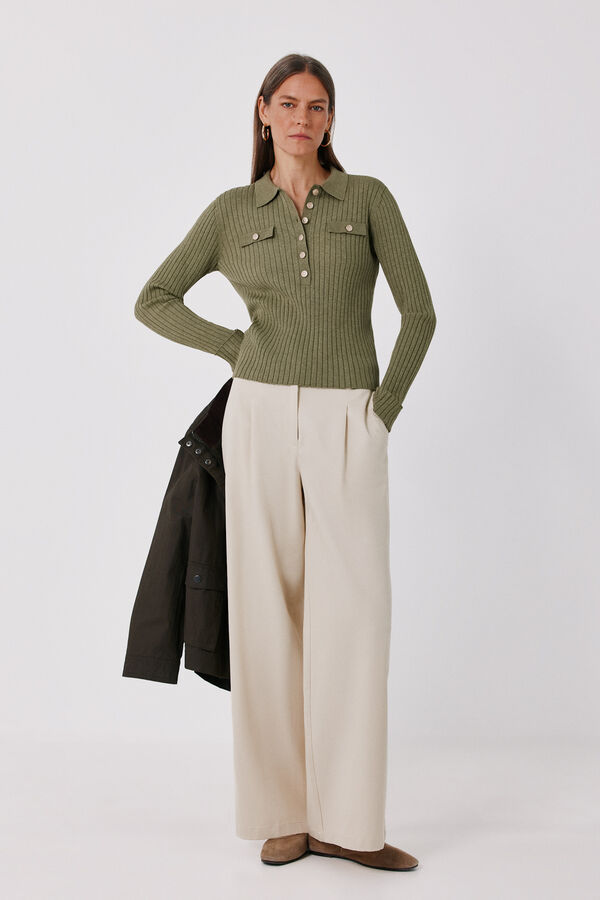 Cortefiel Ribbed button jumper Kaki