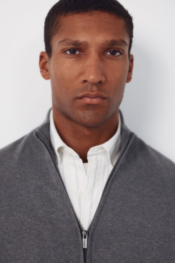 Cortefiel Basic cotton zip fastening cardigan Grey