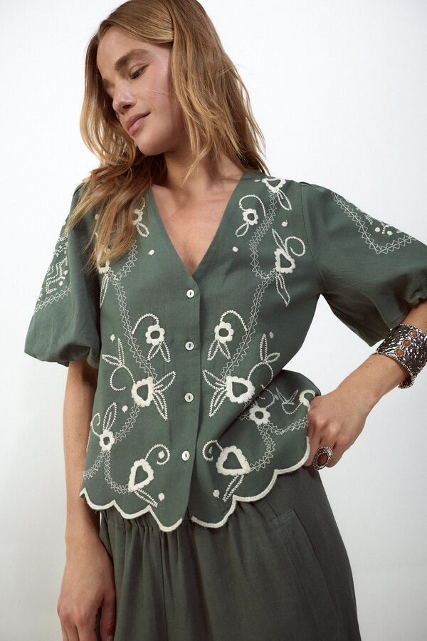 Slowlove Blusa bordado manga farol Verde