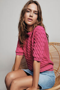 Cortefiel Short-sleeved cable knit jumper Pink