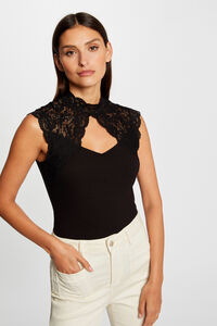 Cortefiel Sleeveless T-shirt with lace Black