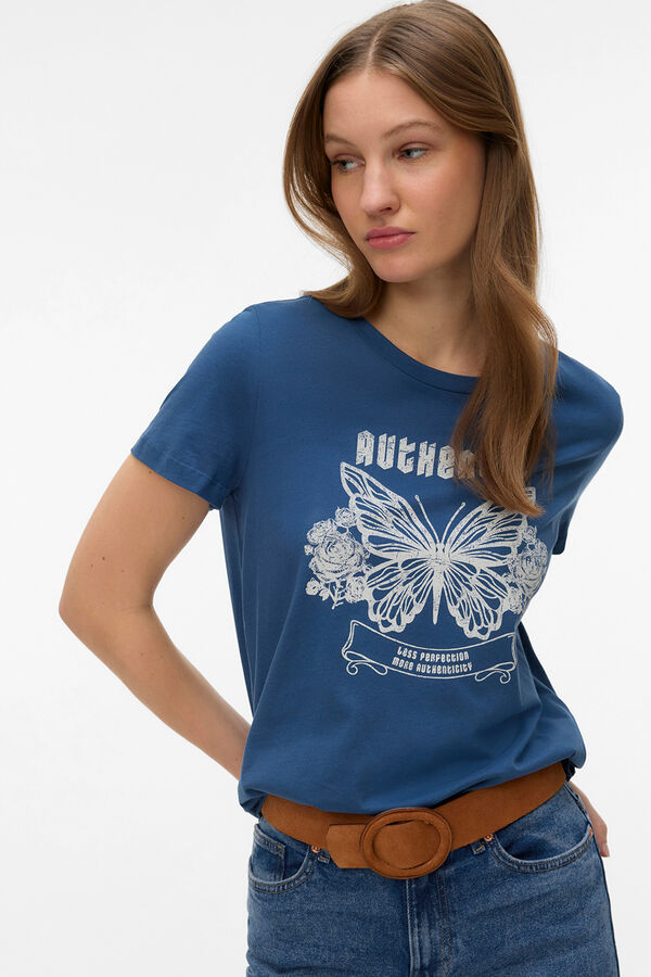 Vero Moda T-shirt de manga curta em algod&atilde;o Azul