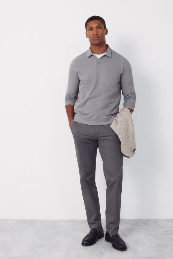 Cortefiel Long sleeve link structure polo shirt Grey