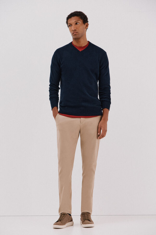 Cortefiel Lambswool round V wool sweater Navy