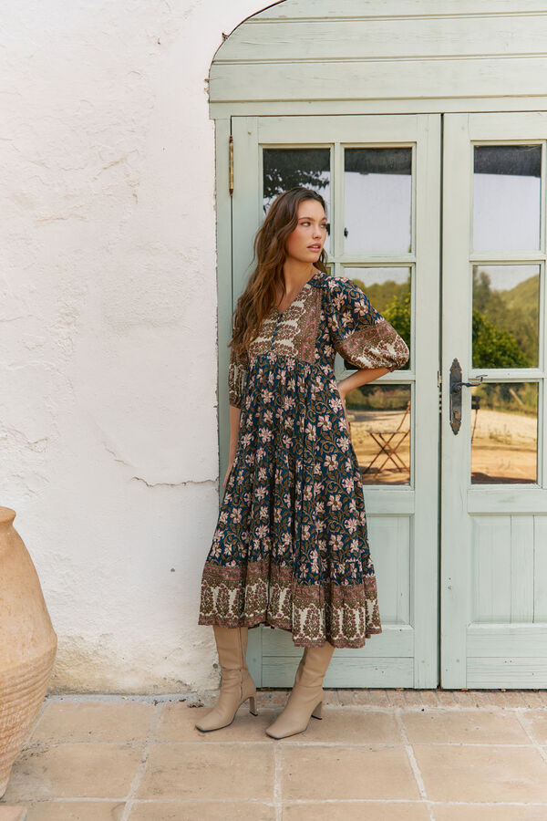 Jaase Vestido midi Eve estampado Nomade Preto