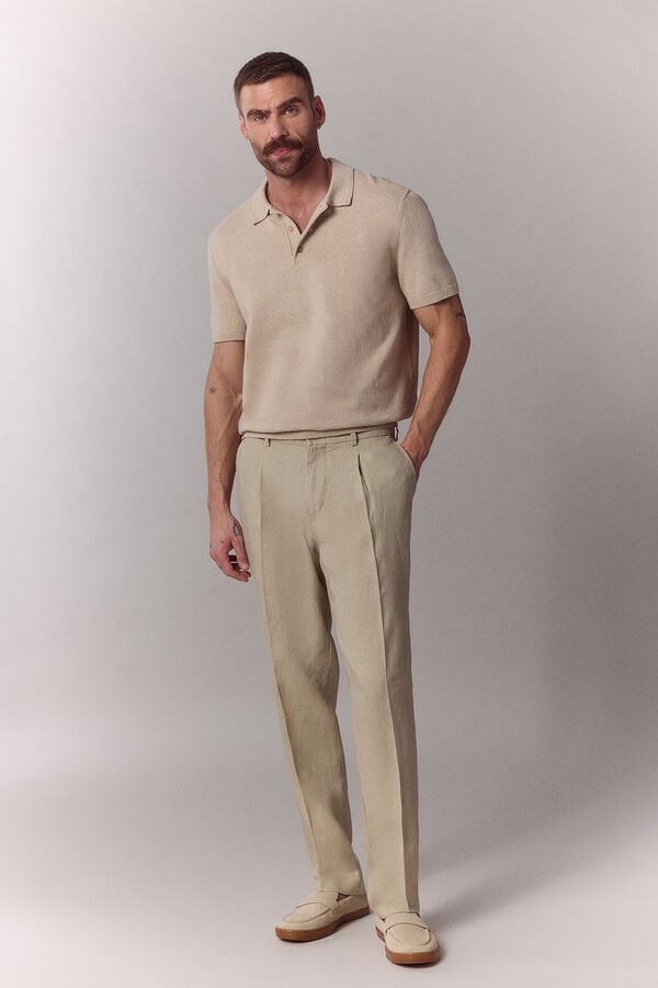 OOTO Cal&ccedil;a de fato coordenado em linho Tostado