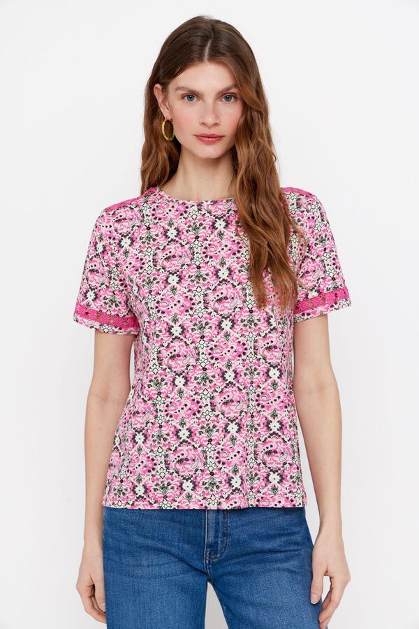 Cortefiel Camiseta cinta floral Fucsia