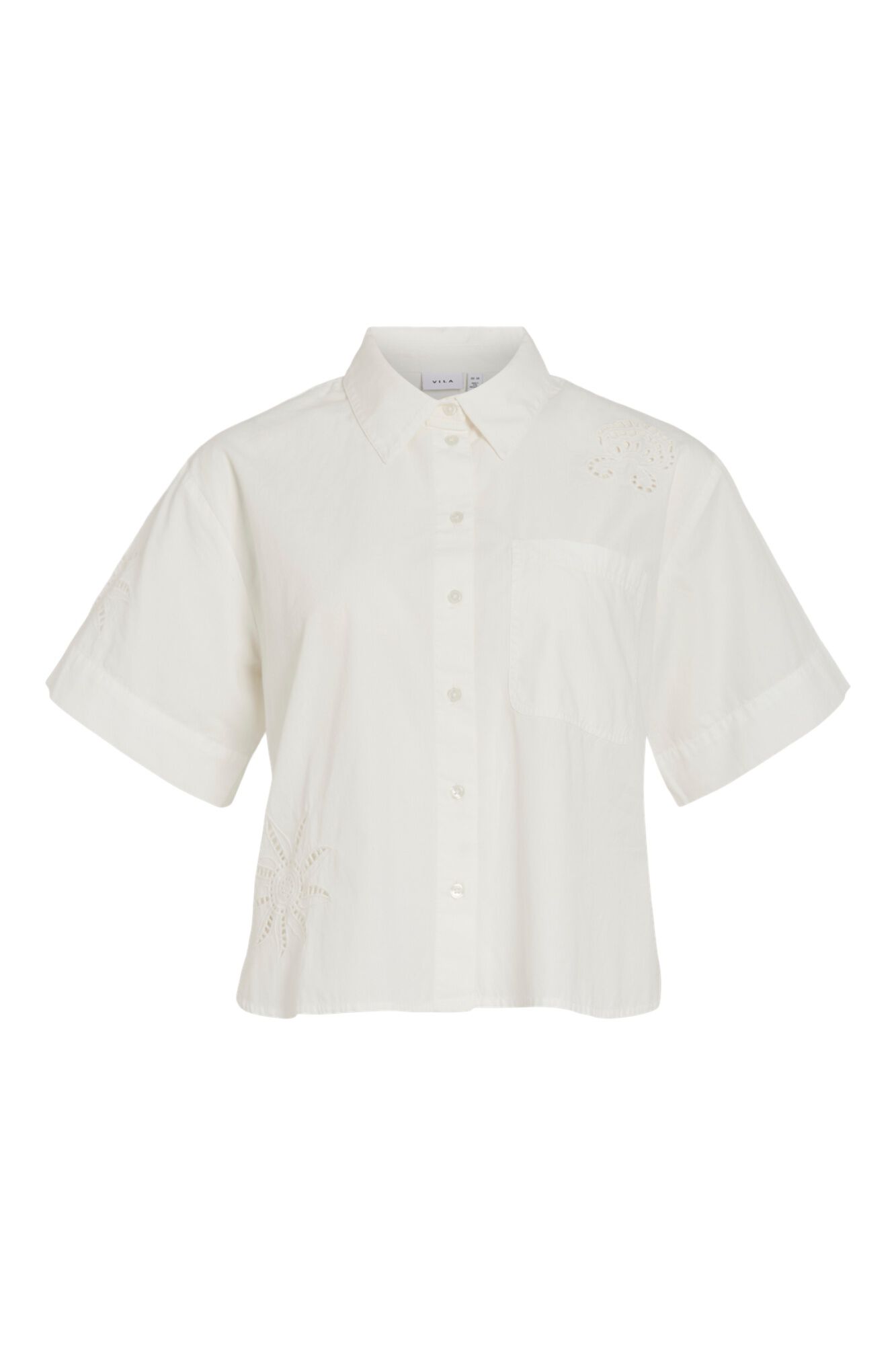 Vila Camisa de manga curta com bordados vazados em algod&atilde;o org&acirc;nico