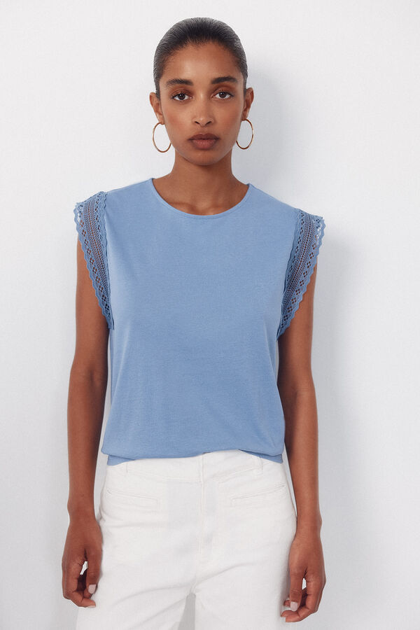 Cortefiel Guipure sleeve -shirt Printed blue