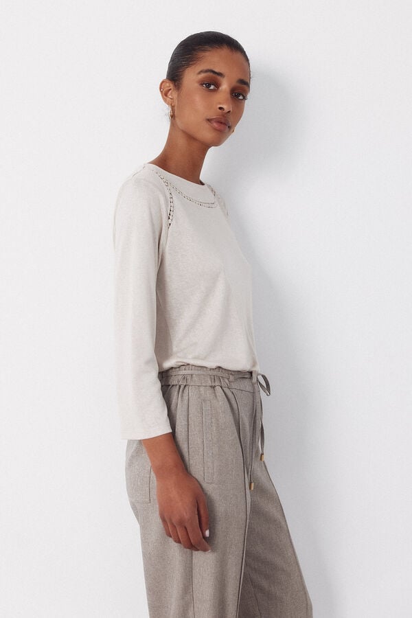 Cortefiel Hemstitch detail t-shirt Beige