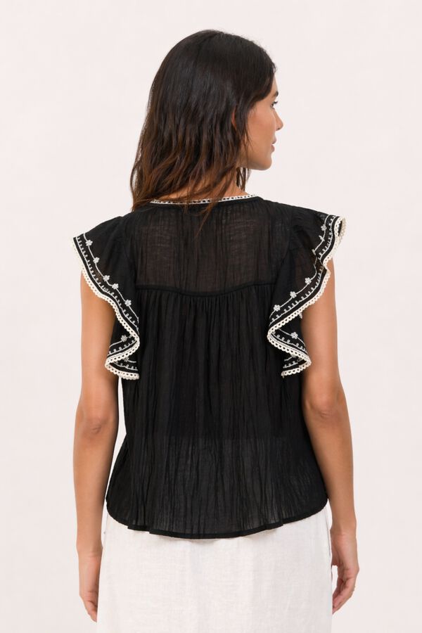 Vila Blusa com bordados em algod&atilde;o org&acirc;nico Impress&atilde;o