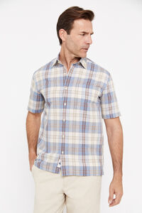Cortefiel Checked short-sleeved linen and cotton shirt Blue