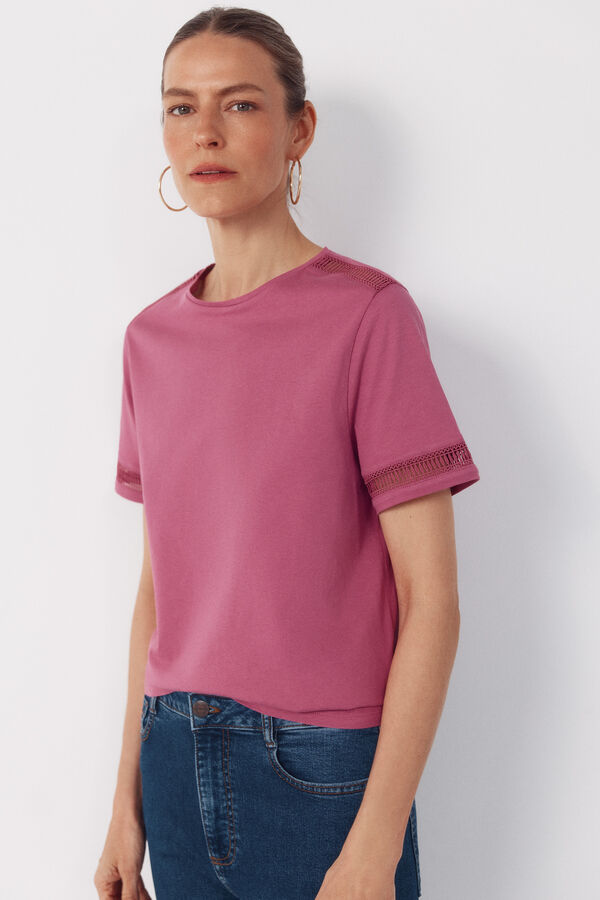 Cortefiel Hemstitch detail t-shirt Fuchsia
