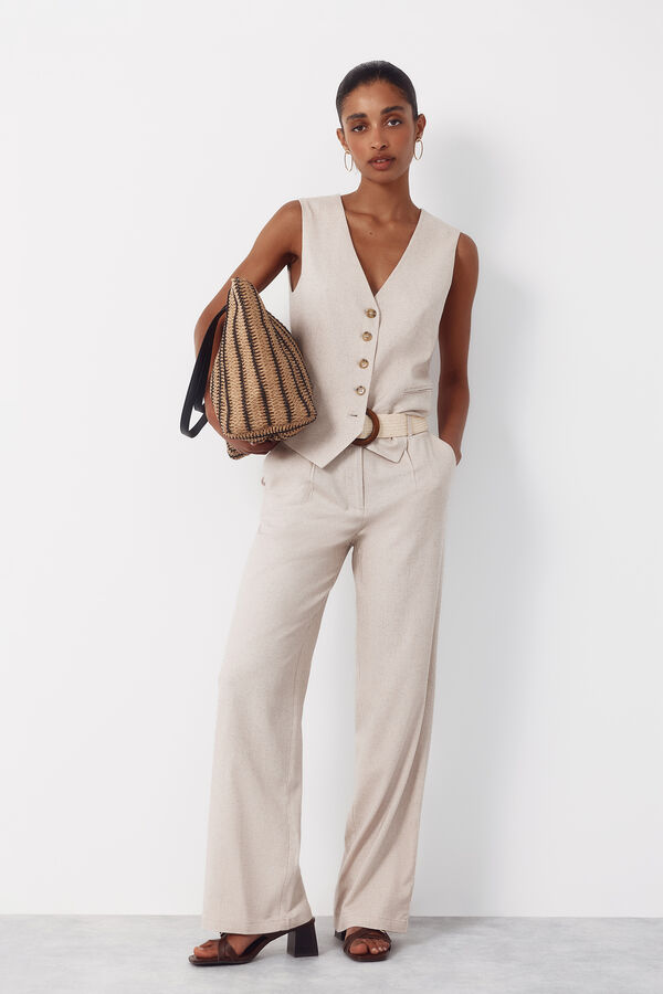 Cortefiel Wide-leg trousers with linen Nude