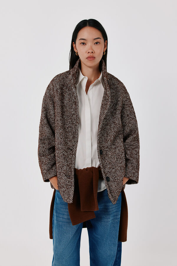 Cortefiel Short funnel neck coat Printed brown