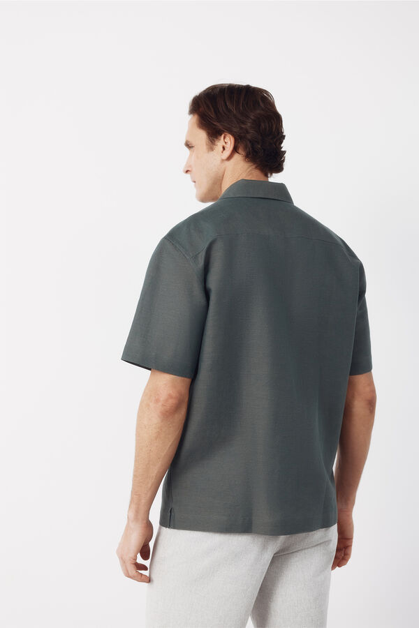 Cortefiel Plain linen cotton bowling collar shirt Kaki