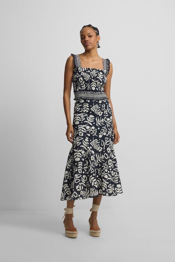 Silbon Saia fluida com folhos estampada Azul