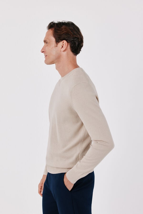 Cortefiel Cotton fine knit round neck jumper Beige
