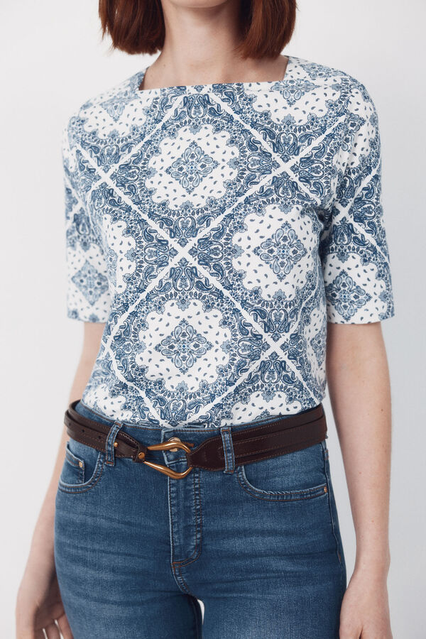 Cortefiel Boat neck t-shirt Printed blue