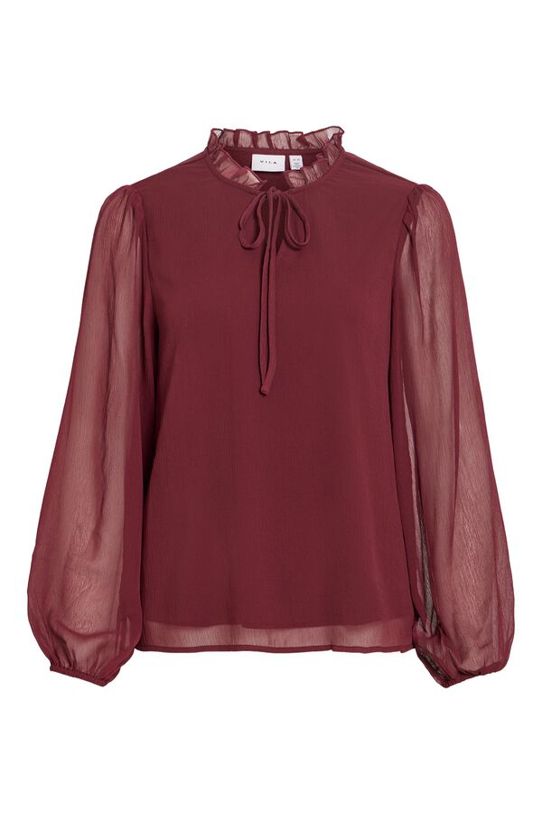 Vila Blusa semitransparente com gola franzida Vermelho