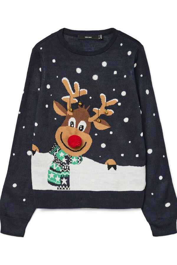 Vero Moda Camisola feminino com estampado de Natal e gola redonda Azul