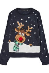 Vero Moda Camisola feminino com estampado de Natal e gola redonda Azul