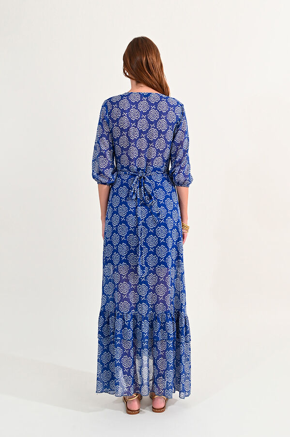 Cortefiel Long printed dress with ruffles Blue