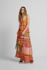 Silbon Vestido longo com estampado patchwork e babados Multicolorido