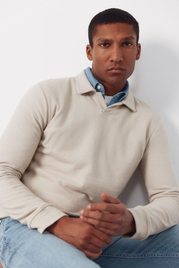 Cortefiel Long sleeve link structure polo shirt Beige